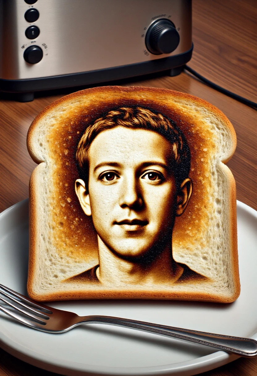 <lora:Toastastic_FLUX-000013:1.0>
This photograph features a slice of bread that has been toasted in a way that resembles an image of the face of Mark Zuckerberg.