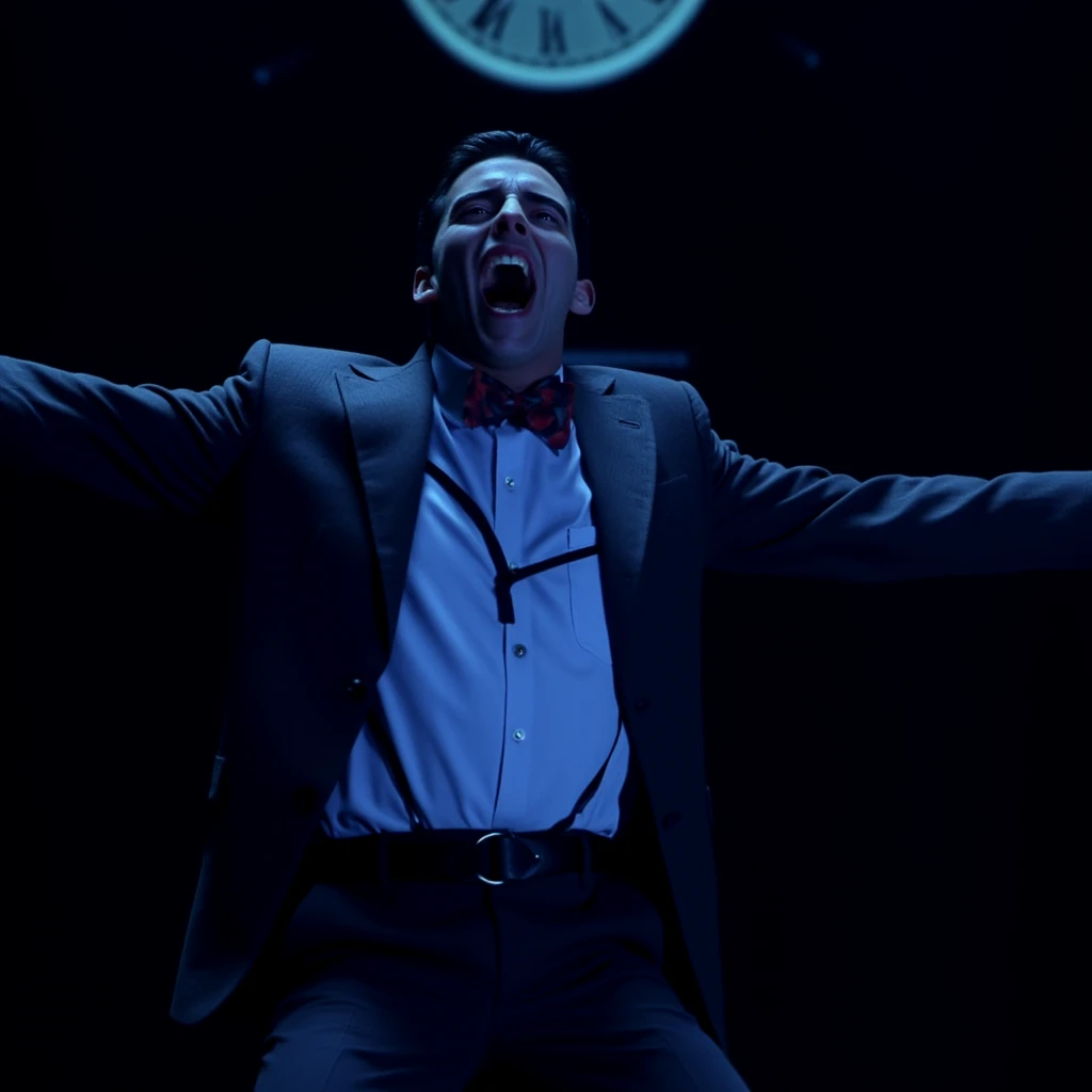 cinematic film still of  <lora:1990's style Dark City v1:0.9>
In 1990's In the 90's  neo-noir science fiction film John Murdoch a screaming man in a suit and tie tied in front of a clock, solo, open mouth, shirt, 1boy, bow, jacket, white shirt, male focus, teeth, collared shirt, pants, bowtie, formal, suit, outstretched arms, black background, blue theme, dark, horror movie themed, sharp, detailed, epic cinematic photography, artistic, dramatic light, cinematic color style, Kodak film style, dark city style, spread arms, shallow depth of field, vignette, highly detailed, high budget, bokeh, cinemascope, moody, epic, gorgeous, film grain, grainy