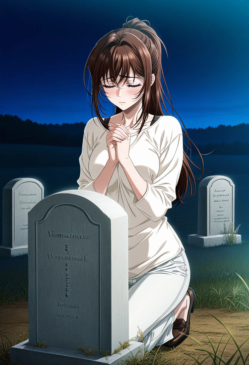 masterpiece, best quality, newest, highres, uncensored, 1girl, yokota mamoru style,1girl, slender face，motion lines,blush
Asai Sayaka,Brown Hair, Ponytail,Blue Eyes,Medium Breasts, Slim,long hair
1girl,solo
Tombstone, praying, Japanese hairstyle, eyes closed, hands folded, sad, field, night, dim light, weeds, woman kneeling in front of tombstone,shoes