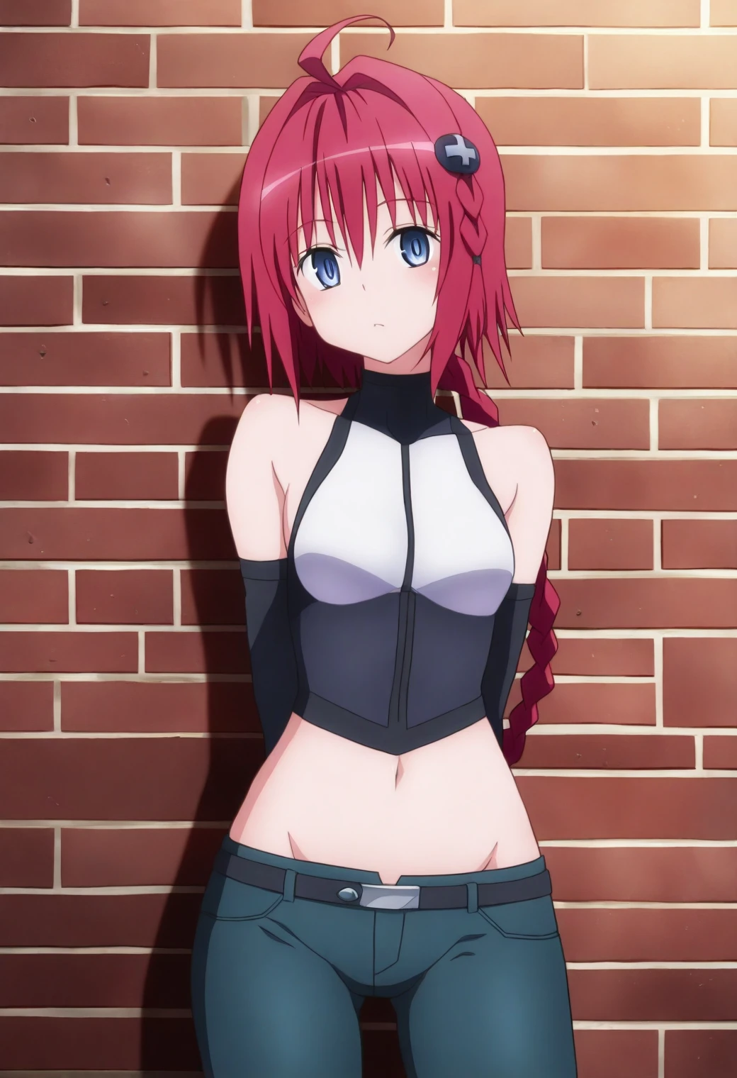 <lora:Mea Kurosaki - [To Love Ru] - illustriousXL v1:1>, sysdeep_mea, red hair, blue eyes, long hair, single braid, solo, Brick alleyway, tight jeans, crop top, leaning against wall