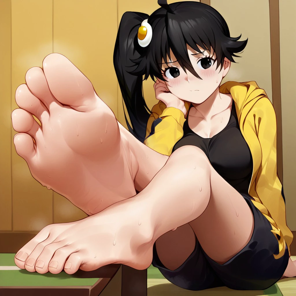 fuyafeet, araragi karen, 1girl, ahoge, bare legs, barefoot, black eyes, black hair, black shorts, black tank top, blush, breasts, closed mouth, collarbone, egg hair ornament, feet, foot focus, foot up, foreshortening, hair between eyes, hand rest, hood, hooded track jacket, hoodie, indoors, jacket, knees up, legs, long hair, looking at viewer, medium breasts, presenting foot, foot up, shorts, side ponytail, sitting, soles, solo, sweat, tank top, toenails, toes, track jacket, yellow hoodie