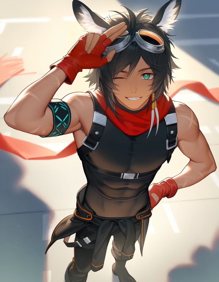 1boy, solo, courier \(arknights\), courierarknights, mature male, (toned male:1.2), deer ears, animal ear fluff, medium hair, aqua eyes, bright pupils, tanned skin, covered pectoral, fang, covered abs, (artist:krenz, artist:quuni, artist:mebaru:1.2), nyalia, depth of field, realistic lighting, hand focus, foreshortening, street, light particles, light rays, standing, looking up, hand up, raised, arm up, blocking sunlighth, smile, teeth, one eye closed, red scarf, single armband, goggles on head, tooth hair ornament, orange goggles, welding goggles, red gloves, fingerless gloves, black bodysuit, sleeveless bodysuit, chest harness, black jacket around waist, black pants, black legwear, black boots, zipper, perfect face, detailed face, detailed eyes, perfect eyes, masterpiece, best quality, newest, absurdres, highres, uncensored, <lora:nyalia:0.4>, <lora:CourierArknights E2 3.0:0.8>, <lora:DetailedEyes_xl_V2:1>, <lora:add-detail-xl:2>