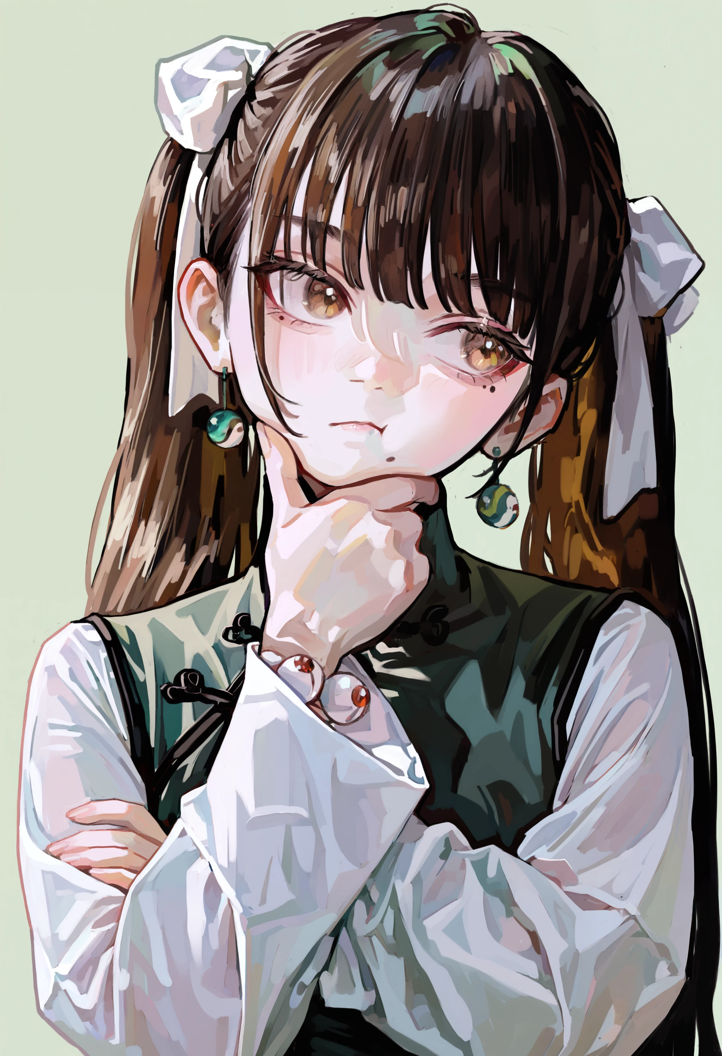 masterpiece, highres, absurdres, newest, very awa, painting \(medium\), upper body, simple background,  1girl, solo, brown hair, twintails, white hair ribbon, jewelry, green earrings, brown eyes, mole under eye, chinese clothes, green dress, white shirt, long sleeves,   looking to the side, straight-on, head tilt, hand on own chin,  <lora:spo_sdxl_10ep_4k-data_lora_webui>,  <lora:NOOB_EPSv1_1_detailer_by_vlnvk_v1_0:0.5>, <lora:illustrious_noobai_epsilon_pred_1_best_quality_v1:0.7>, <lora:noobai_ep11_stabilizer_v0.30_fp16:0.4>,  <lora:FKEY:0.8>,