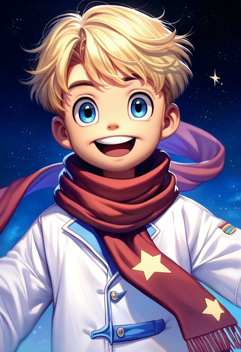 CuteCartoonStyle
, score_9, score_8_up, score_7_up, 1boy, masterpiece, best quality, amazing quality, best aesthetic, absurdres, intricate details, detailed face, source_anime, voyager_sa, blonde hair, blue eyes, white coat, white shorts, male focus, smile, star (sky), formal, sky, starry sky, star (symbol), short hair, looking at viewer, baggy clothes, long sleeves, scarf, floating, bangs, starry background, glowing, open mouth