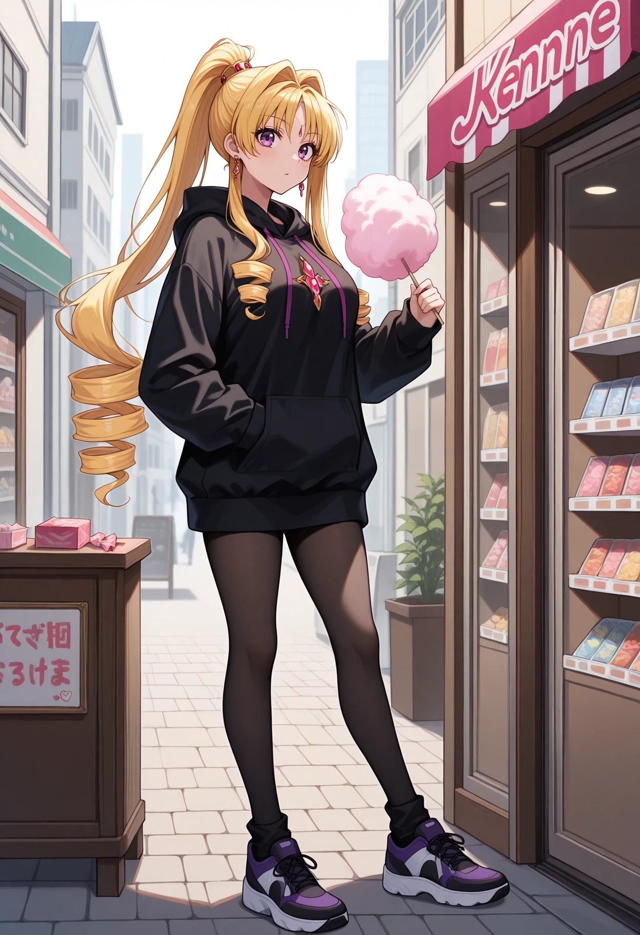 masterpiece,best quality, ,<lora:kmaron:1> kkjeanne, 1girl, solo, blonde hair, purple eyes, forehead jewel, hair intakes, drill hair, high ponytail, long hair, earrings,alternate costume, 
hand in pocket, shoes, black hoodie, outdoors, black pantyhose, black legwear, shop, candy store, looking at building, candy, candy cane, cotton candy, candy wrapper,