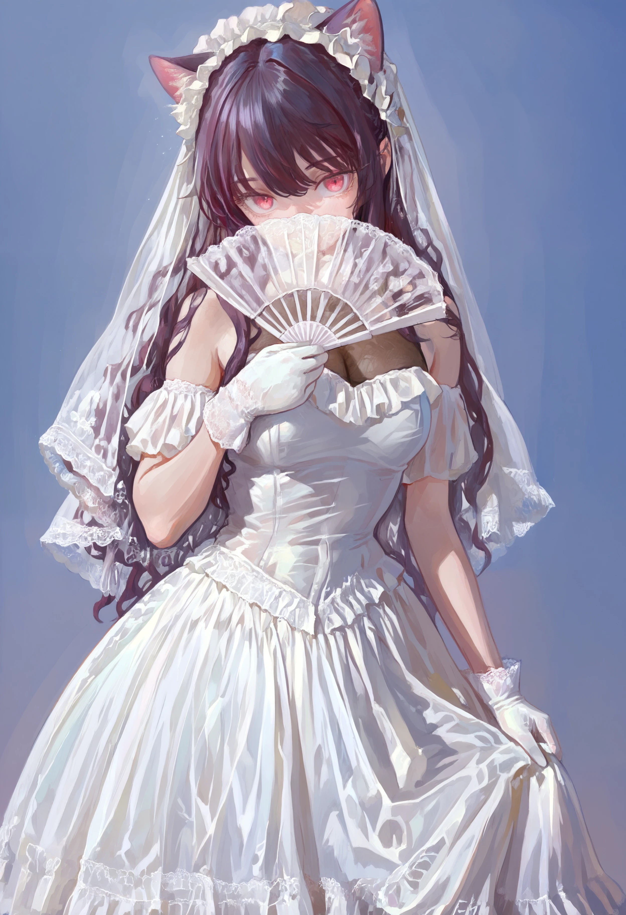 masterpiece, highres, absurdres, newest, very awa, painting \(medium\), (flat color:1.1), simple background,  1girl, solo, cat ears, animal ear fluff, purple hair, pink eyes, wedding dress, white dress, white veil, see-through cleavage, frilled dress, frilled hairband, lace trim, white gloves, holding, hand fan, covered mouth,   <lora:spo_sdxl_10ep_4k-data_lora_webui>,  <lora:illustrious_noobai_epsilon_pred_1_best_quality_v1:0.4>, <lora:FKEY_WAI>,