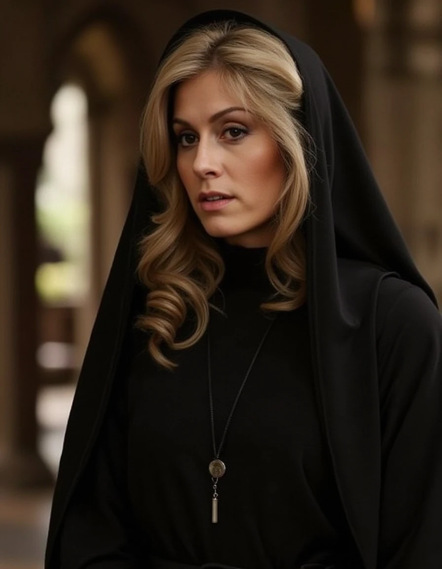 <lora:judith-light-flux:1> a woman dressed as a female monk in a monastery with long blonde hair