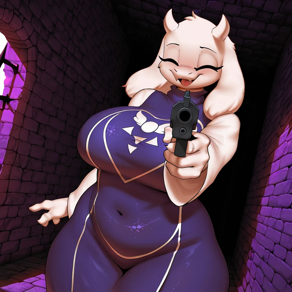 masterpiece, best quality, amazing quality, very aesthetic, absurdres, newest, BurgerKiss,furry,anthro,1girl,solo, toriel, purple dress, holding gun, aiming at viewer, closed eyes, smile, indoors, dungeon, purple walls,masterpiece,best quality, amazing quality, very aesthetic, absurdres, newest <lora:[IL] Burger_Kiss_Style_-_Illustrious:1.0> <lora:[IL]  Hyper-SDXL-2steps-lora:0.5> <lora:[IL]  illustriousXL_stabilizer_v1.3:0.5>