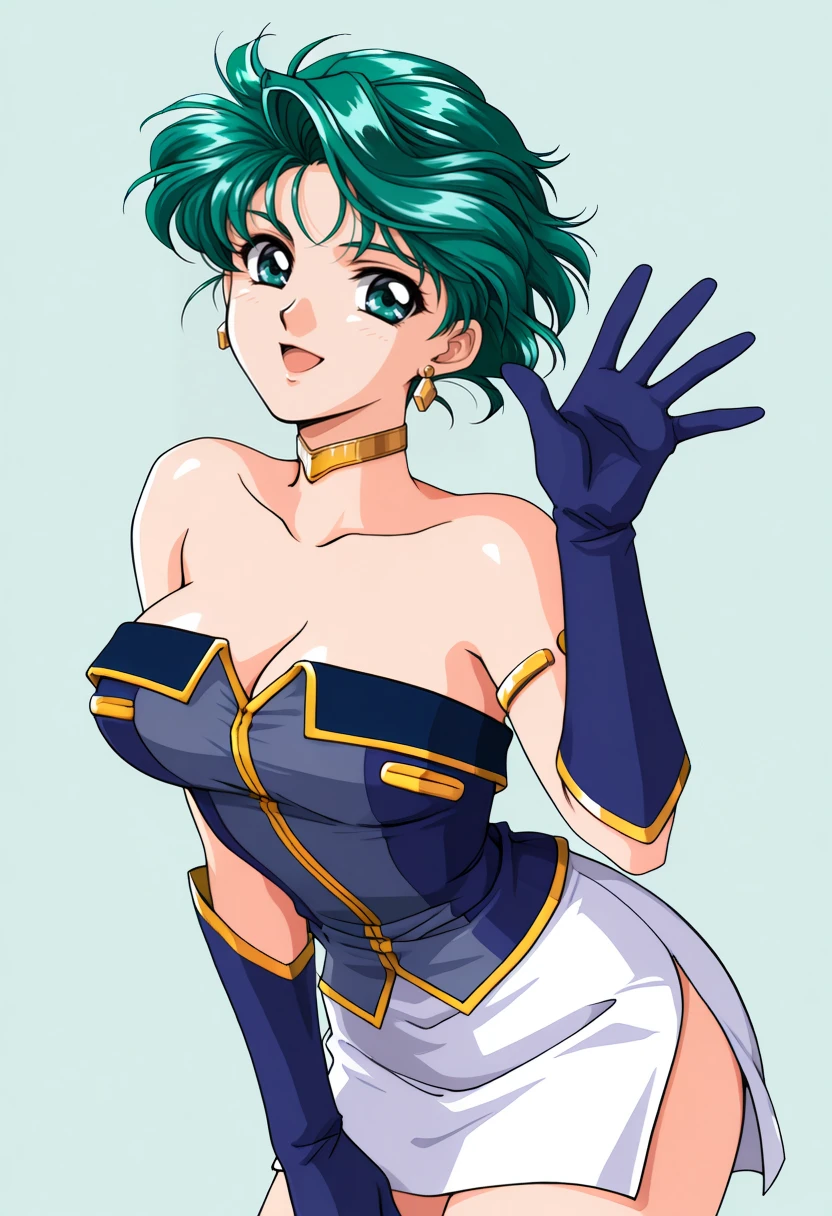 masterpiece, best quality, 1girl, solo, srw_aya, <lora:ill_aya:1>, cowboy shot, 1990s\(style)\, strapless, bare shoulders, collarbone, choker, miniskirit, white skirt, side slit, blue gloves, elbow gloves, large breasts, green hair, shot hair, green eyes, earrings, makeup, looking at viewer, smile, open mouth, waving hand, simple background