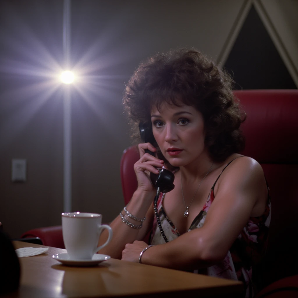 cinematic film still of  <lora:1980's Die Hard style v1:0.9>
In 1980's film style In the 80's Holly Gennaro a woman sitting at a desk talking on a phone, solo, black hair, 1boy, sitting, male focus, cup, chair, mug, realistic, afro, action movie themed, sharp, detailed, epic cinematic photography, artistic, dramatic light, cinematic color style, Kodak film style, Die Hard style, indoors, curly hair, shallow depth of field, vignette, highly detailed, high budget, bokeh, cinemascope, moody, epic, gorgeous, film grain, grainy