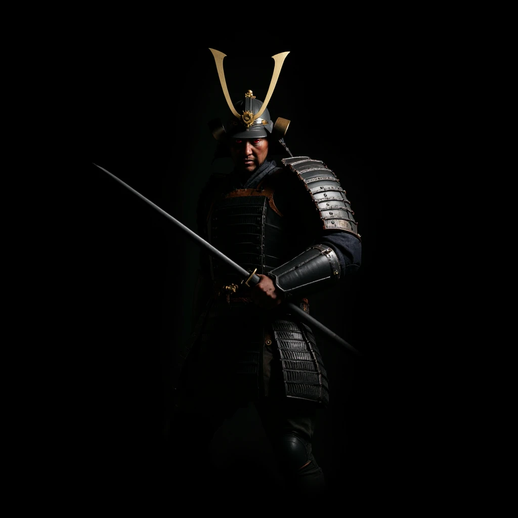 cinematic film still of <lora:Shogun style v1:0.5>
Shogun Yoshimitsu a man in armor with a sword and a helmet, solo, red eyes, 1boy, standing, weapon, male focus, horns, sword, armor, katana, helmet, black background, shoulder armor, gauntlets, sheath, clenched hand, clenched hands, sheathed, japanese armor, scabbard, faulds, samurai, Japanese culture, Samurai, armor, warrior, horror theme, Shogun style, breastplate, vambraces, full armor
, shallow depth of field, vignette, highly detailed, high budget, bokeh, cinemascope, moody, epic, gorgeous, film grain, grainy