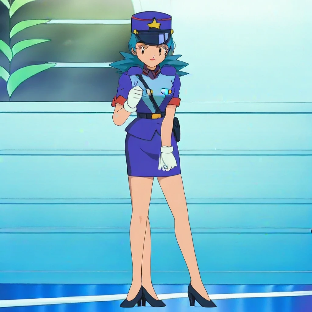 masterpiece, best quality, ultra-detailed, officer jenny, pokemon, 1girl, solo, long hair, smile, red eyes, green hair, white gloves, police hat, miniskirt, bag, star (symbol), uniform, blue skirt, blue shirt, pencil skirt, brown pantyhose, police uniform, realistic, city background volumetric lighting, intricate details, tonemapping, sharp focus, hyper detailed