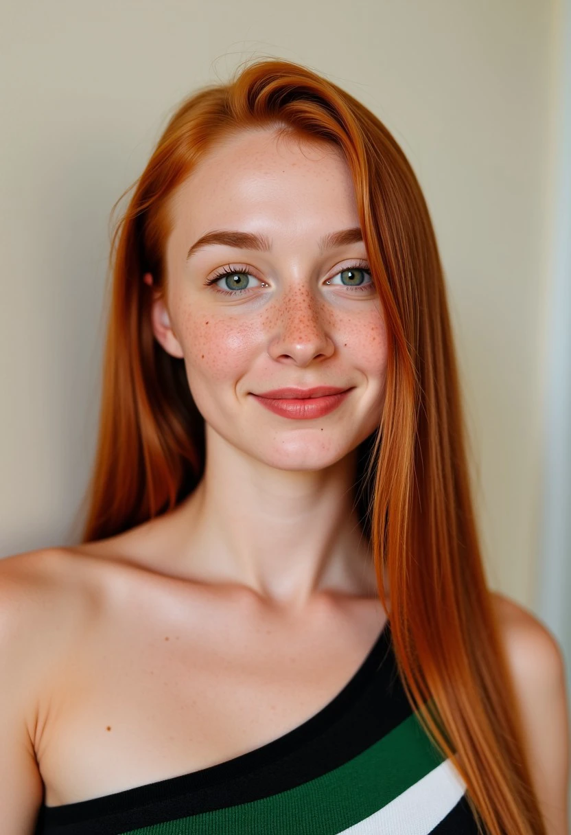 A Raw Color photo features a young, fair-skinned Ginger woman with long, straight, reddish-brown hair and very visible skin freckles. She has a delicate face with light makeup, including a small stud piercing on her lower lip. She is wearing a black, white and Green, one shoulder off top, which is semi-transparent, revealing the outline of her breasts. The background is a plain, light-colored wall, and the lighting is soft, creating a natural and intimate atmosphere. The woman's expression is calm and slightly introspective, with her gaze directed to the viewer with a cute inviting smile. The overall composition is simple and focuses on her natural beauty. Spicy_Hot_Red