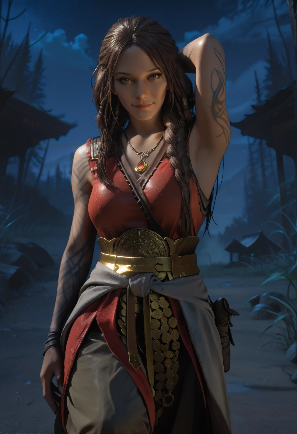 masterpiece, best quality, newest, absurdres, highres, realistic, photorealistic, looking at viewer, dark, outdoors, night, closed mouth, 1girl, solo, brown eyes, long hair, brown hair, braid, arm tattoo, freya_fbt, red tunic, sleeveless, belt around waist, gold belt, baggy pants, necklace, toeless legwear, armpits, seductive smile
<lora:gowfreya_Illustrious-000007:1>