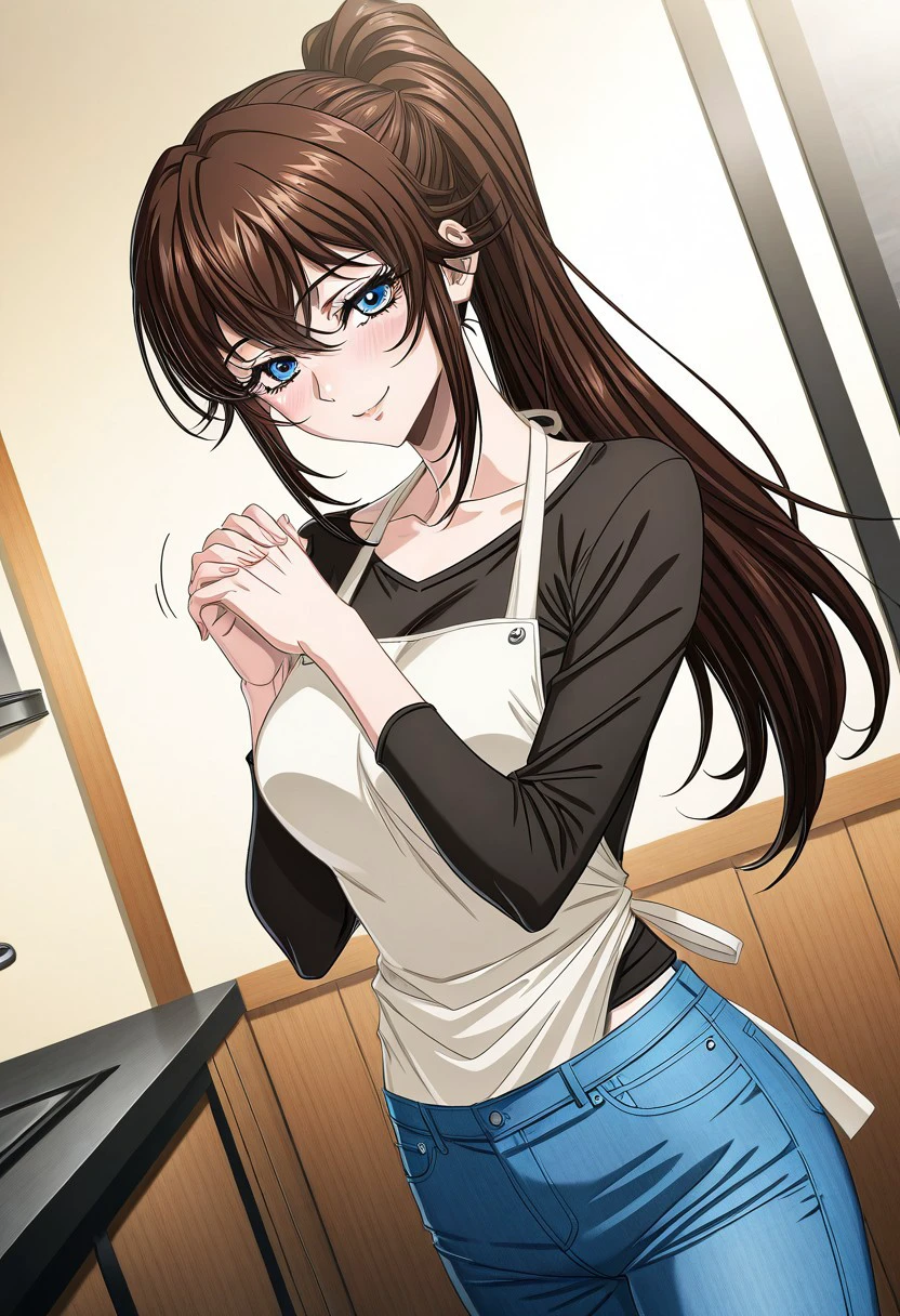 masterpiece, best quality, newest, highres, uncensored, 1girl, yokota mamoru style,1girl, slender face，motion lines,blush,torogao,looking at the viewer,seductive smile
Asai Sayaka,Brown Hair, Ponytail,Blue Eyes,Medium Breasts, Slim,long hair
1girl,solo
 <lora:gendou-pose-ponyxl-lora-nochekaiser:1>, gendou pose, own hands clasped, own hands together, parody,, indoors, smile,, cowboy shot, dutch angle, looking at viewer,Apron, Jeans, Shirt