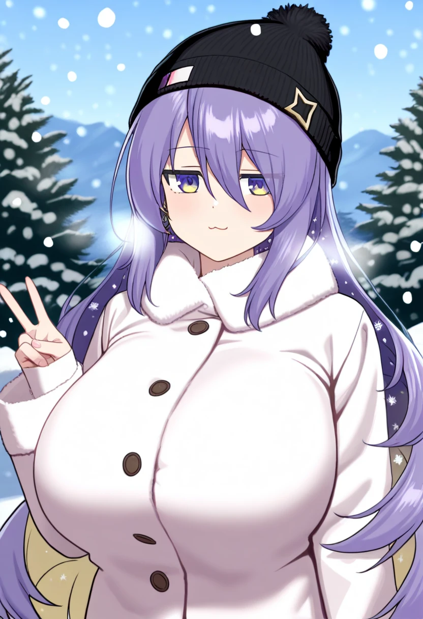 1girl, smile, , furuderika, long hair, purple eyes, blue hair, blunt bangs, ,, , large brea , large breasts, niunning, , snowfall area frozen wet crying mountain Alone, Smile Naked, solo, 1girl,