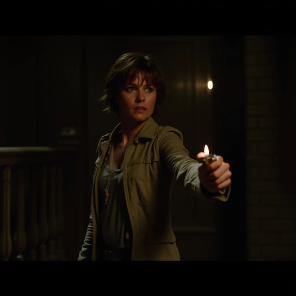 cinematic film still of  <lora:horror style silent hill v1:0.7>
In the mysterious New England town of Silent Hill Protagonist a woman holding a lit lighter in her hand in a dark room with stairs in backgroun, 1girl, solo, short hair, brown hair, jacket, open clothes, realistic, candle, cinematic, supernatural, horror style, Sairento Hiru style, medium shot, shallow depth of field, vignette, highly detailed, high budget, bokeh, cinemascope, moody, epic, gorgeous, film grain, grainy