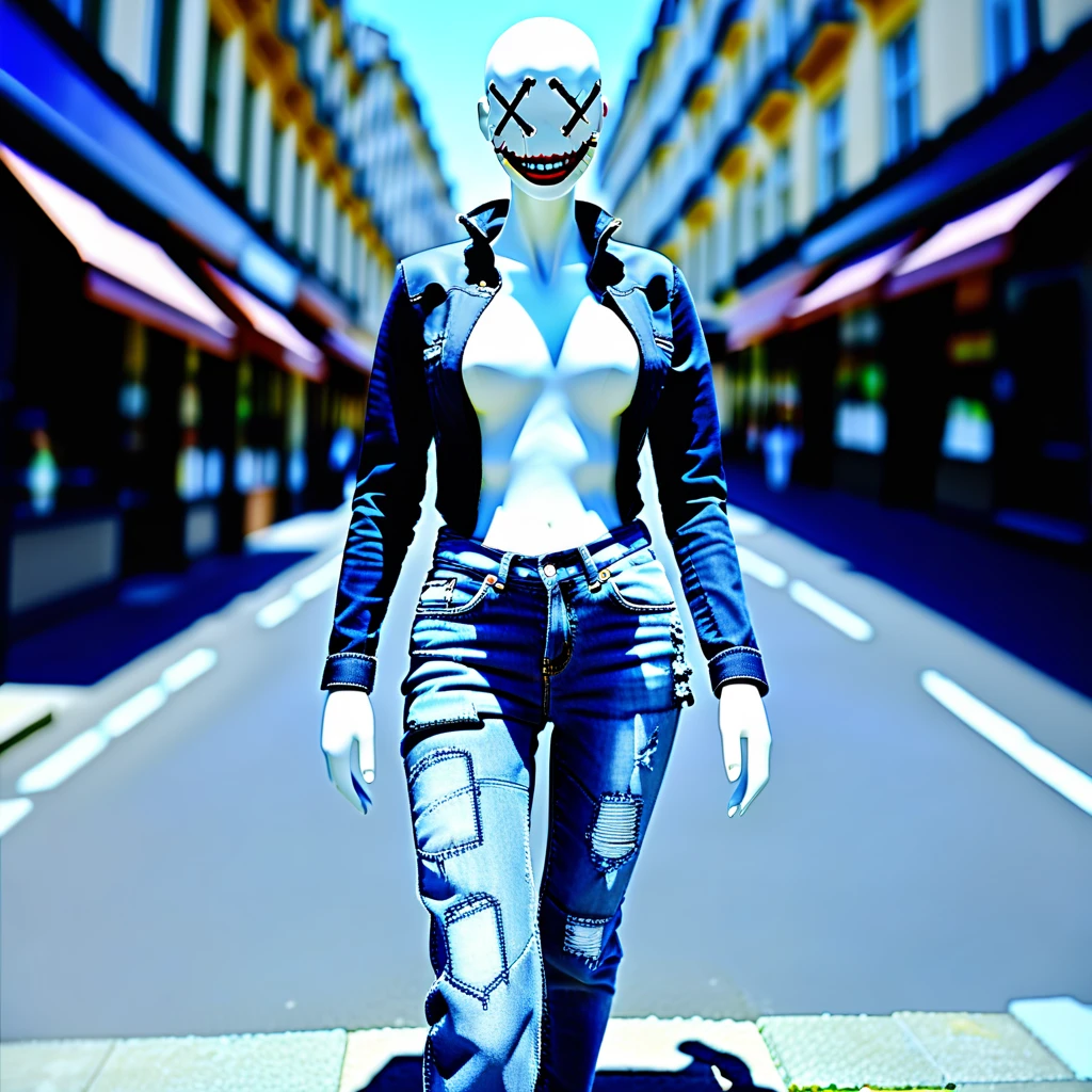 XXD face, solo, 1girl, female, mannequin, stitched smile, X-eyes, cyborg walking on street, jeans and denim style,