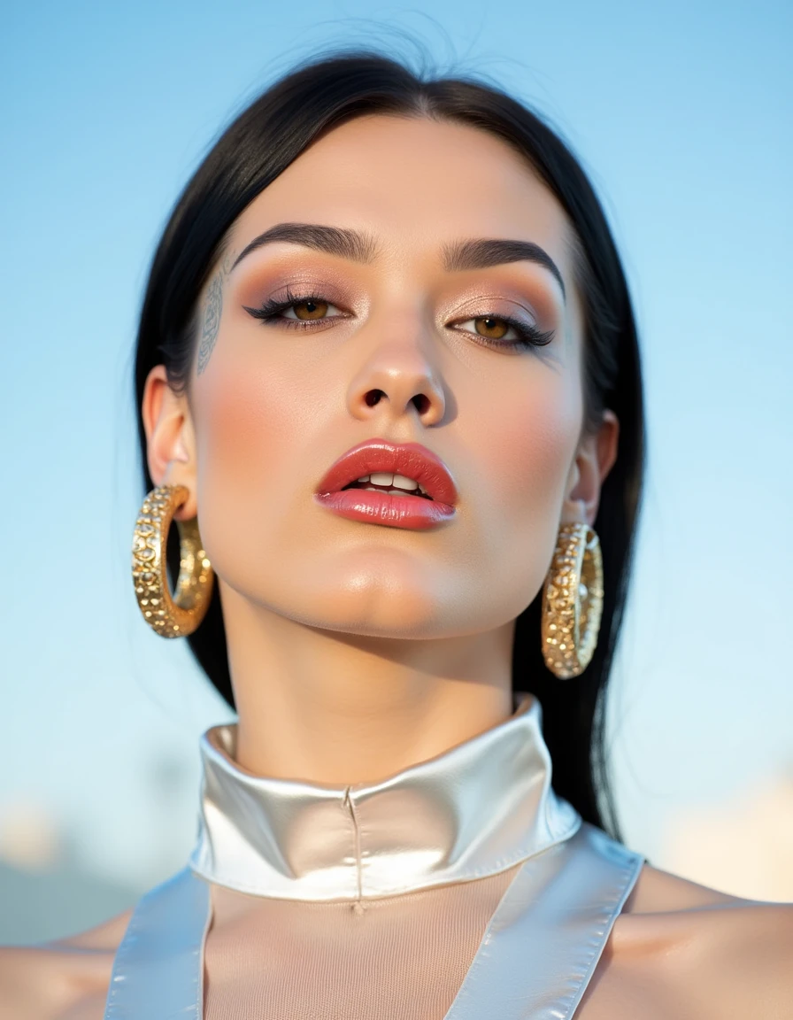 A hyper-detailed, avant-garde photograph featuring a striking woman with pale light skin against a clear, light blue sky. Her full-face close-up highlights the smooth texture of her flawless complexion. Shimmering metallic eyeshadow enhances the depth of her piercing gaze, while her glossy, deep red lips create a bold contrast to her skin. Large, intricately detailed golden hoop earrings reflect light, contributing to her modern allure. She wears metallic urban Buddhist monk clothing, with a turtle neck that enhances her avant-garde look. The reflective surfaces of her earrings and outfit create a dynamic interplay with the environment, emphasizing her sleek presence. The minimalist background allows the viewer to focus on her eye-catching fashion and makeup. Captured with a Sony A7R IV camera and a 50mm f/1.2 G Master lens for a beauty editorial shoot, this composition highlights her fashion-forward aesthetic. Inspired by avant-garde fashion photography from Sølve Sundsbø, this image blends contemporary fashion and minimalist elegance, embodying mythp0rt and niji_flux styles for a sleek, high-fashion vision. ((glow_skin, iridescent skin, oily skin, portrait)).