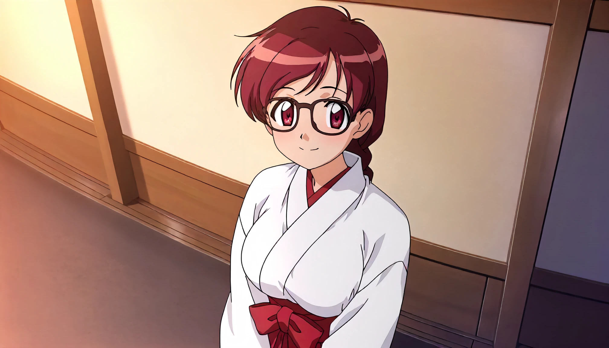 <lora:AYA_minazuki_taekoXLIllustrious001>,
masterpiece,best quality,good quality,newest,
detailed background,glitter,
smile,
looking at viewer,
solo,
anime coloring,
minazuki_taeko\(final romance2\),1girl,red brown hair,single braid,red brown eyes,
glasses,
miko,red hakama,
standing,