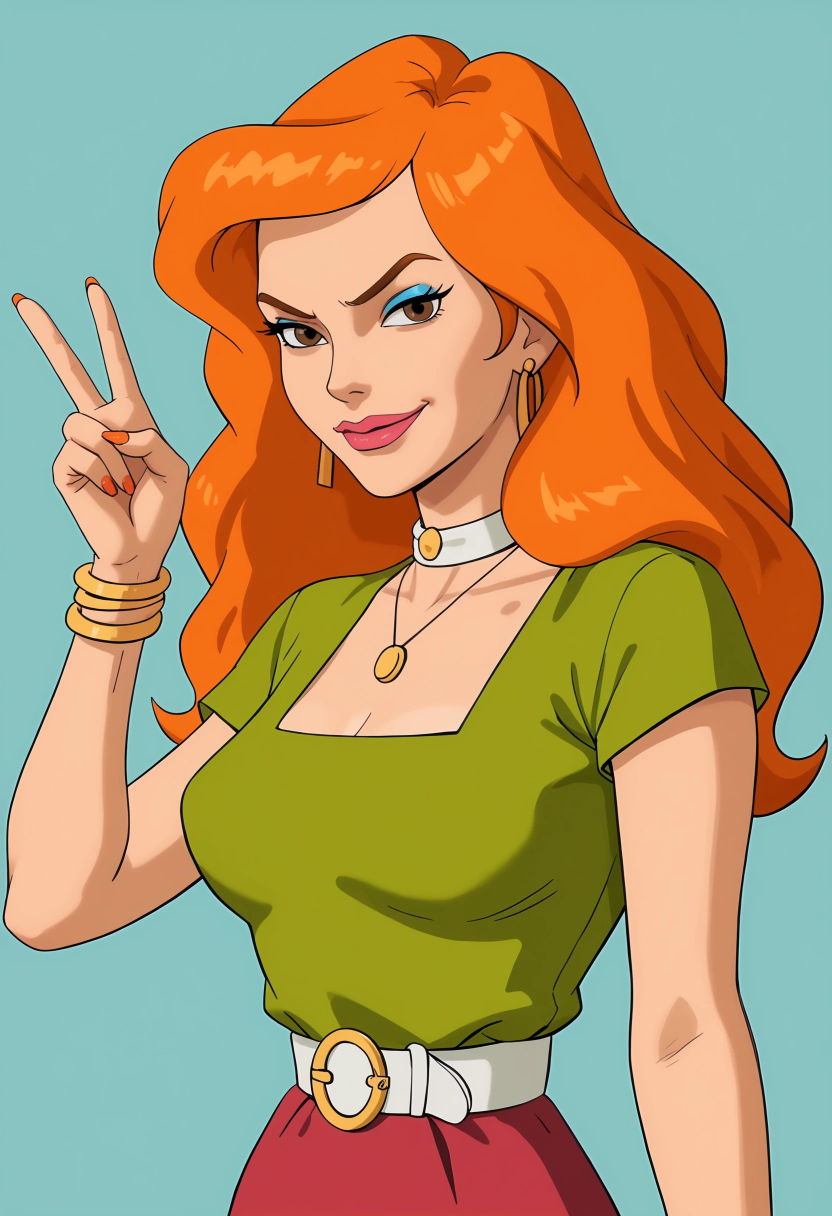 score_9, score_8_up, score_7_up, score_6_up, score_5_up, score_4_up, 1girl, <lora:CousinMelF:0.85> cmel, long hair, orange hair, breasts, brown eyes, lipstick, makeup, jewelry, bracelet, necklace, skirt, choker, shirt, earrings, looking at viewer, smirk, upper body, v sign, 
 light blue background, simple background,