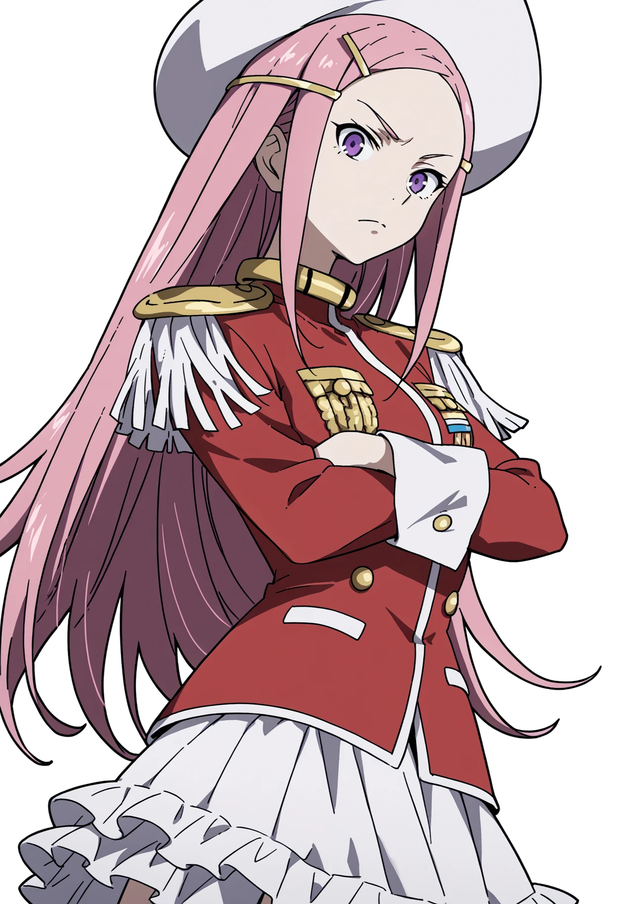 score_9, score_8_up, score_7_up, source_anime, 1girl, solo, Anem0n3, pink hair, purple eyes, yellow_hairclip, yellow_collar, long hair, white_hat, red_military_uniform_epaulettes_white_frilled_skirt, <lora:Anemone V3_epoch_10:1>, standing, white background, crossed arms, looking at viewer, solo, dutch angle, cowboy shot,