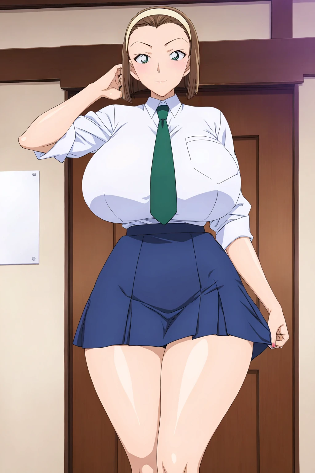 Woman in a business suit, curvy, busty, evil smirk, dominant stare, thick thighs, tongue out, view from below, presenting her butt, lifting her skirt, inside a room