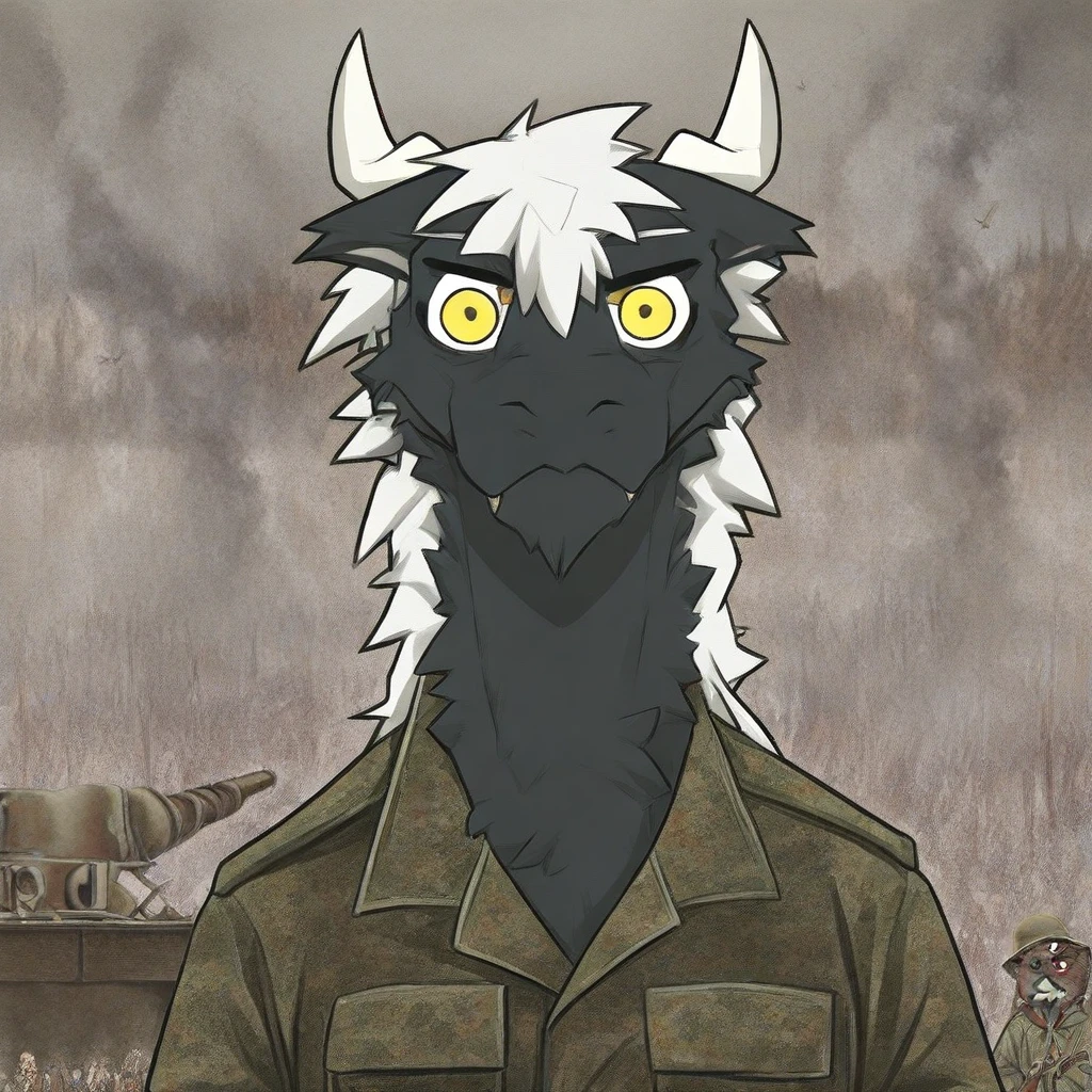 mikus-cooncept, military action in background, exhausted, shocked, looks at viewer, black fur, dragon, furry, white hair, white horns, yellow eyes