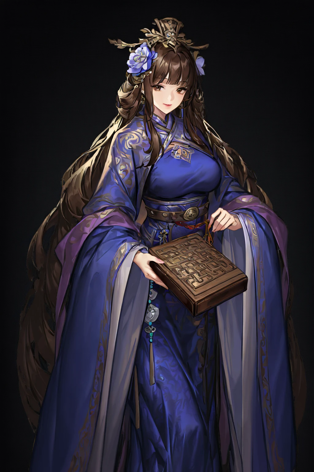 1girl,solo,black background,dress,hair ornament,brown hair,breasts,looking at viewer,holding,chinese clothes,blue dress,long sleeves,wide sleeves,long hair,flower,bangs,brown eyes,large breasts,smile,hair flower,standing,masterpiece,clear,8k,<lora:stzb-000005:1>,