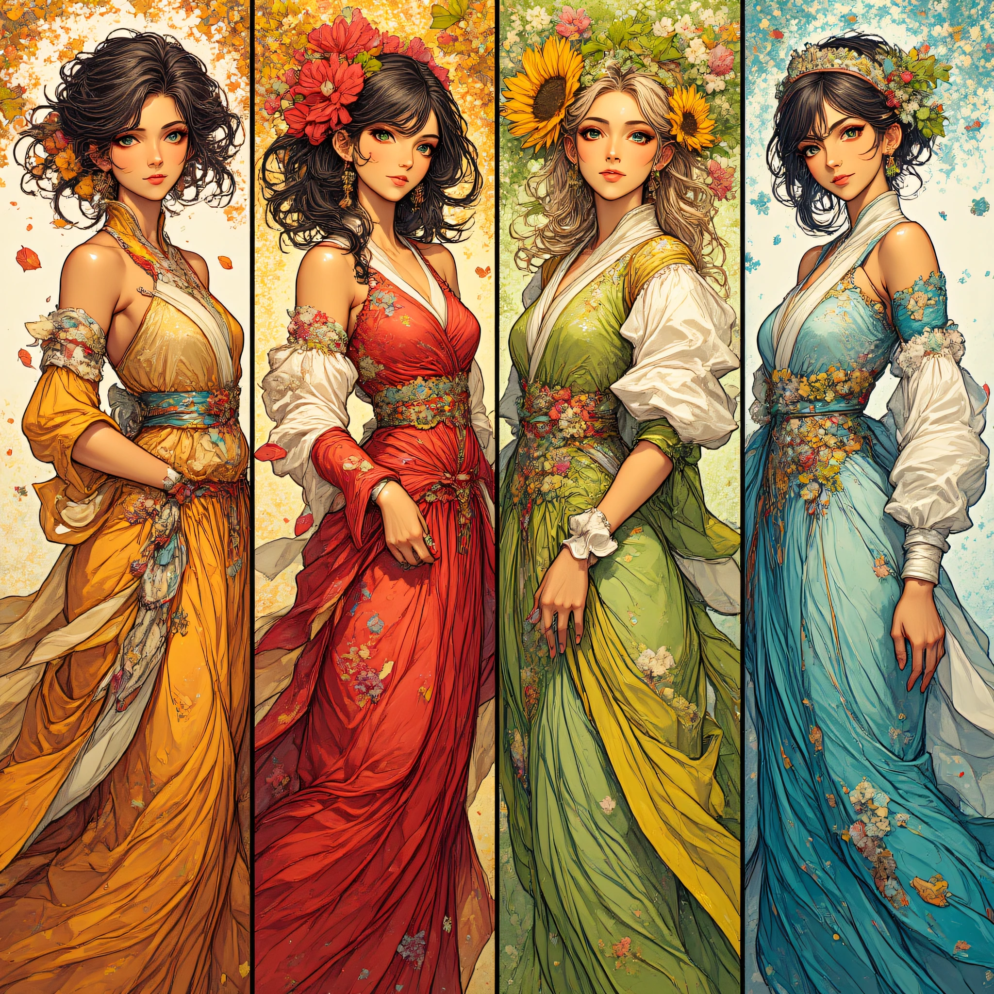 ArsNijiStyle, four women representing the seasons, each dressed in richly detailed garments. They stand intertwined with the natural elements of their seasonsaspring blossoms, summer sunflowers, autumn leaves, and winter snowflakes.