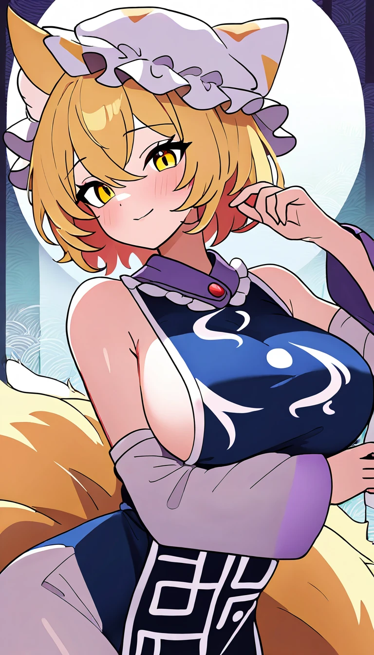 (masterpiece, best quality), best quality, (ultra-detailed), (3heads:1.5), 1girl, (yakumo ran:1.3), masterpiece, best quality, ultra quality, ultra resolution, blue top, crop top, ((stomach)), midriff, ((groin)), blue skirt, normal ears, shackles, blonde hair, very long hair, wavy hair, sidelocks, yellow eyes, detailed eyes, parted lips, open belly, sweat, cute, toned belly, hand on own chest, eyelashes, (25 year old woman:1.3), (masterpiece:1.5), (best quality:1.5), (beautiful detailed extremely detailed CG, extremely delicate and beautiful, depth of field, (finely detailed face), (perfect details:1.2), (mature female:1.3), wide pelvis, slender, large veiny breast, 16k resolution, highres, high quality, high definition, extremely detailed, masterpiece, blonde hair, long hair, alluring presence, braid, short skirt, close up, big tits, young, bob cut, fox ears, fox girl, fox tail, multiple tails, frilled hat, hat, (girl with three heads),