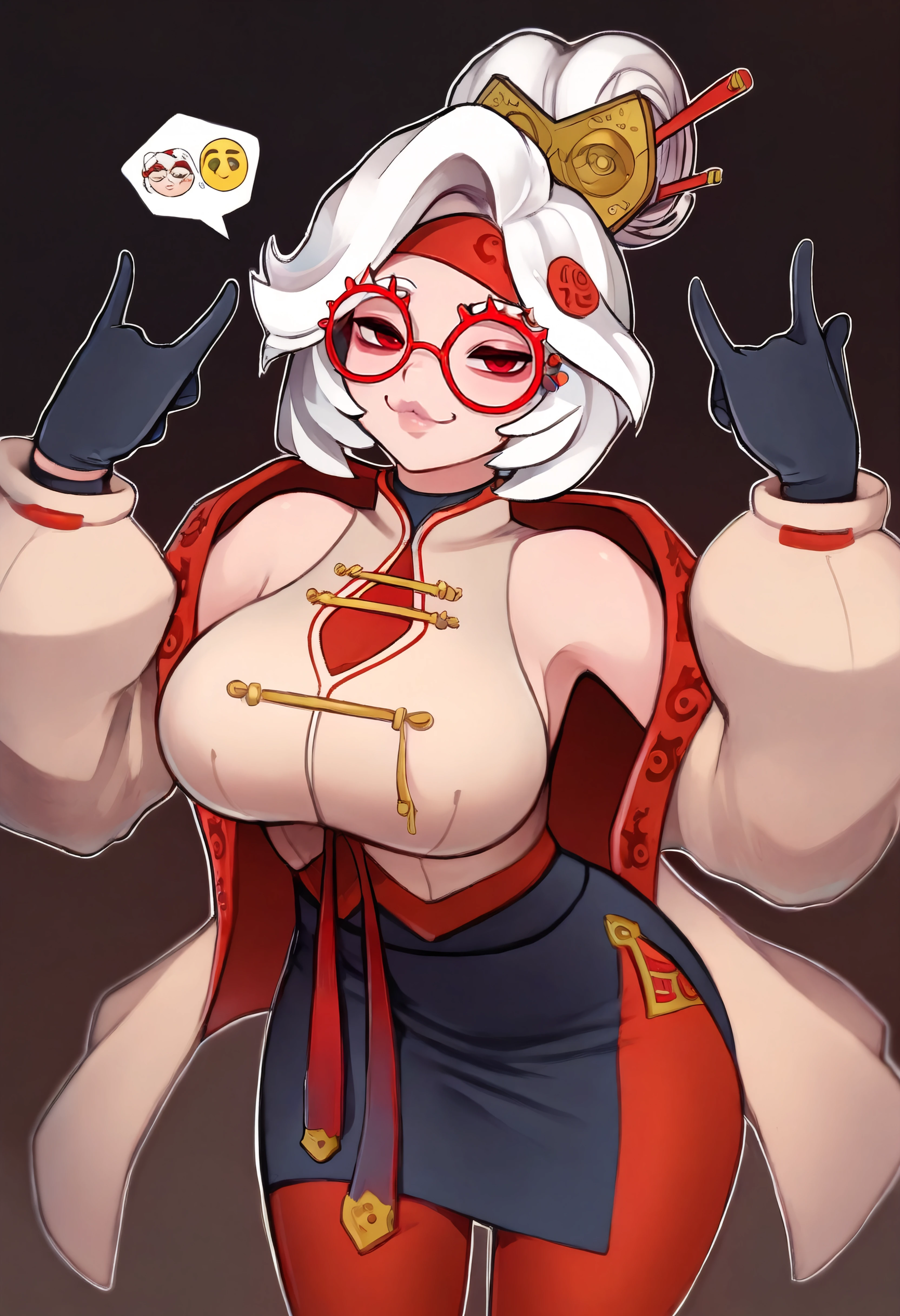 masterpiece, best quality, very aesthetic, 1girl,pur4h, white hair, red eyes, hair bun,hair ornament, red headband, red glasses, sleeveless shirt, beige shirt, beige jacket, red trim, open jacket, black skirt, red leggings, gloves,looking at viewer,lips,smug,gesture,spoken emoji <lora:purah-illu-nvwls-v1:0.7> <lora:mixp_n11:1>