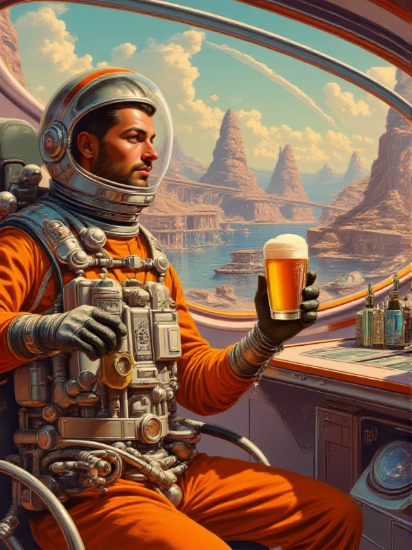 <lora:Retrofururism_Style:0.9> retrofururism style, scenery, science fiction, a man holds a beer wearing a space suit