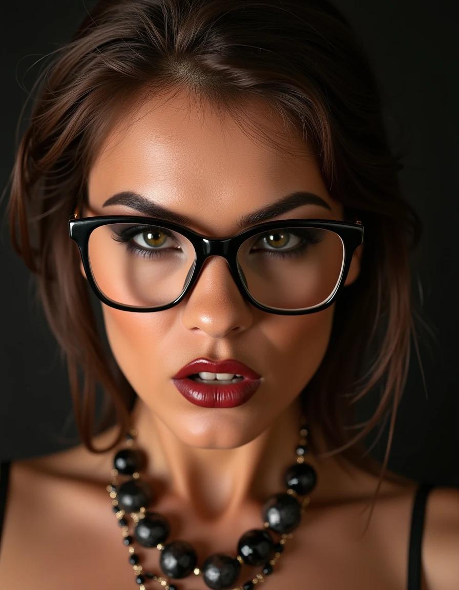 A striking portrait of a fierce woman with piercing eyes and bold, direct eye contact. She wears natural-looking brick-red lipstick and large, avant-garde glasses. The composition embodies a high-fashion editorial aesthetic, blending ethereal beauty with dramatic shadows and luxurious fashion details. The zoomed-out perspective places the subject in 30% of the frame, leaving ample negative space around her head for a modern, minimalist feel. The subtle 3D effect enhances the visual depth, creating a captivating and dynamic image.