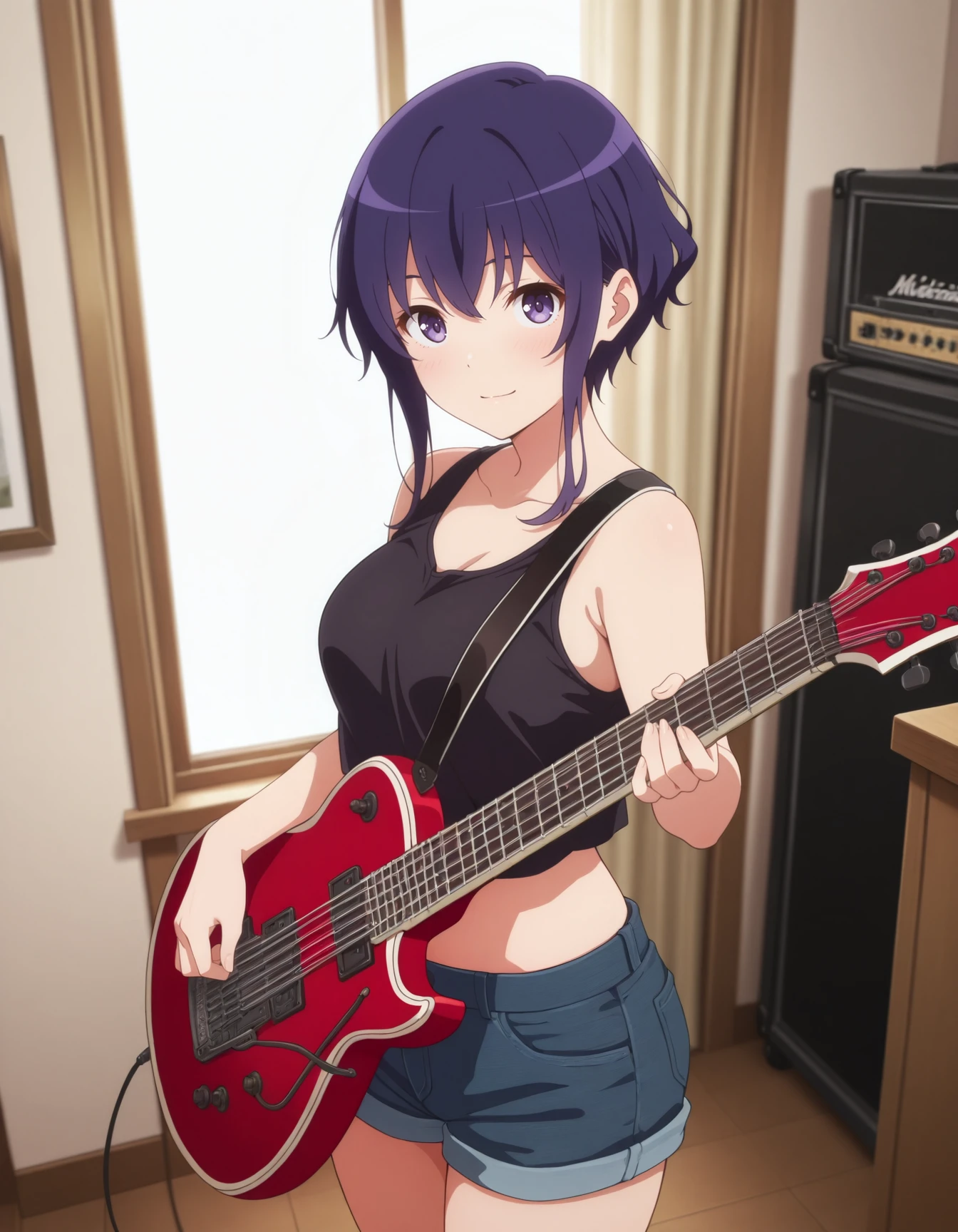 masterpiece,best quality,amazing quality,1girl,solo,light smile BREAK  
Michiru <lora:IL-Michiru:1>,purple hair,short hair,purple eyes,sidelocks,medium breasts, black tank top,denim shorts,midriff, guitar, 
looking at viewer,indoors, standing