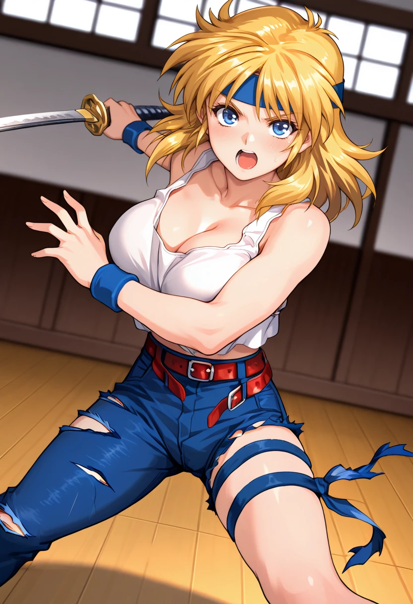 masterpiece, best quality, 1girl, solo, srw_ryune, <lora:ill_ryune:1>, super robot wars, fighting stance, (holding katana with both hands:1.3), slash, white tank top, belt, torn jeans, asymmetrical legwear, thigh strap, midriff, wristbands, large breasts, cleavage, blonde hair, bangs, blue headband, medium hair, blue eyes, looking at viewer, serious, screaming, standing, Japanese dojo