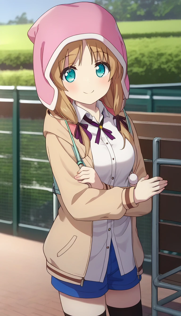 score_9,score_8_up,masterpiece,best quality,correct anatomy,anime_source,1girl,solo,perfect eyes,perfect arms,perfect legs,perfect face,outdoors,upper body,(portrait:1.5),looking at viewer,facing viewer,smile,blush,Sekiguchi Iori,hat,pink headwear,pom pom (clothes),long hair,light brown hair,low twintails,hair ribbon,purple ribbon,parted bangs,aqua eyes,school uniform,hooded jacket,brown jacket,hood down,neck ribbon,black ribbon,white shirt,collared shirt,long sleeves,medium breasts,blue shorts,short shorts,shorts rolled up,zettai ryouiki,black thighhighs,boots,brown footwear,<lora:Sekiguchi Iori(cl)-Pony:1.6>,