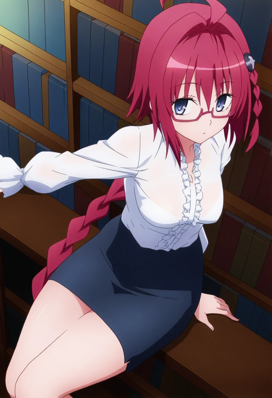 <lora:Mea Kurosaki - [To Love Ru] - illustriousXL v1:1>, sysdeep_mea, red hair, blue eyes, long hair, single braid, solo, Library corner, silk blouse, pencil skirt, sitting on ladder, glasses on