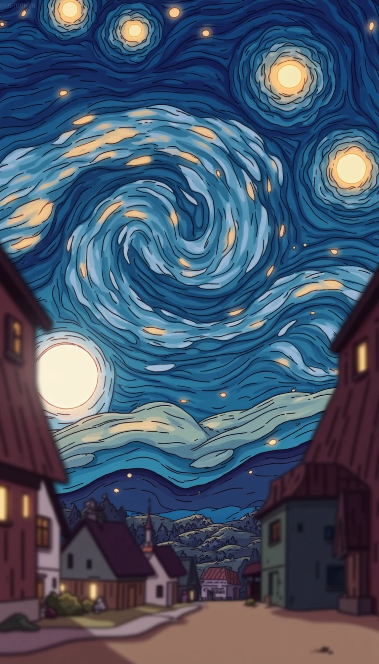 hildaserie, cartoon, detailed, 

starry night, Van Gogh style, swirling stars, vibrant blues and yellows, textured brushstrokes, dynamic sky, dreamy landscape, moonlit scene, rich, expressive colors

, no humans, epic, scenery, blurry, building, depth of field, intricate, natural light, dynamic palette 