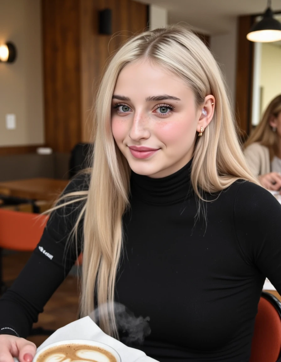 photo of S350_KhloeKingsley,an attractive woman,in a (bar:1.1),wearing a (khaki-turtleneck-dress:1.1),(smiling),(4k, RAW photo, best quality, depth of field, ultra high res:1.1),(absurdres, intricate, photorealistic, masterpiece, ultra-detailed:1.1),