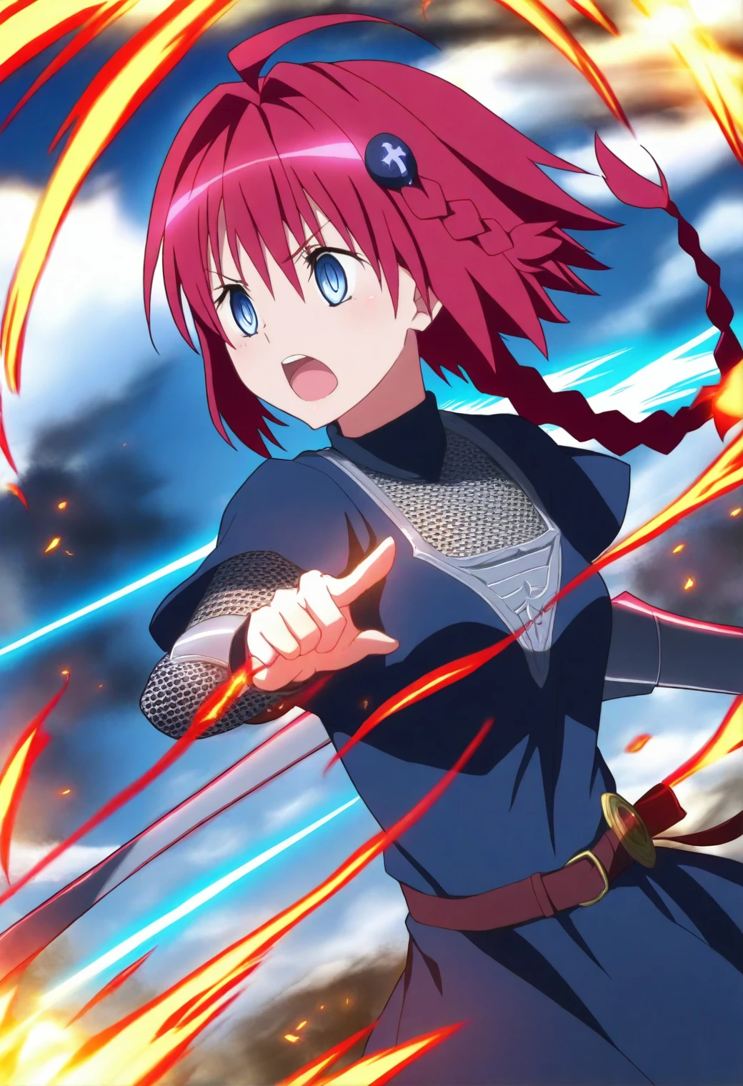 <lora:Mea Kurosaki - [To Love Ru] - illustriousXL v1:1>, sysdeep_mea, red hair, blue eyes, long hair, single braid, solo, chainmail dress, glowing battlefield, radiant expression, magical energy