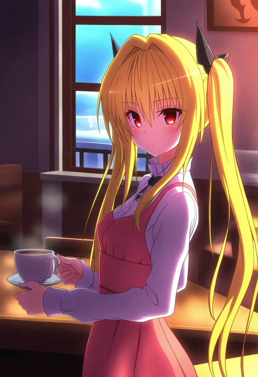 <lora:Konjiki no Yami - [To Love Ru] - illustriousXL v1:1>, sysdeep_yami, blonde hair, red eyes, twintails, long hair, solo, Boutique cafe interior, fitted dress, holding a cappuccino, soft lighting