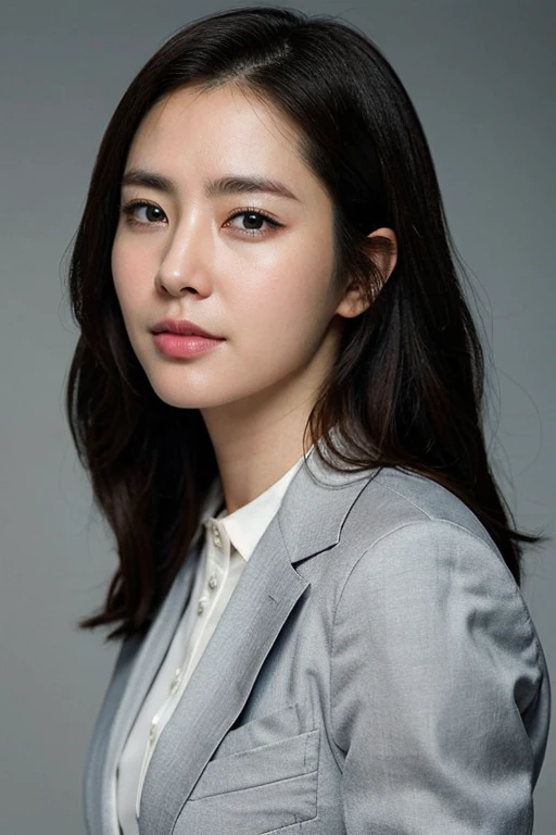 masterpiece, best quality, ultra-detailed, ultra high res, (photorealistic:1.4), raw photo, (realistic:0.2), 8k HDR, bright realistic lighting, 1girl, solo, looking at viewer, asymmetrical hair, (detailed pores), (detailed skin textures), (detailed face), (simple gray background :1.2), (full body:1.3), black suits, white collared shirts, black pants,