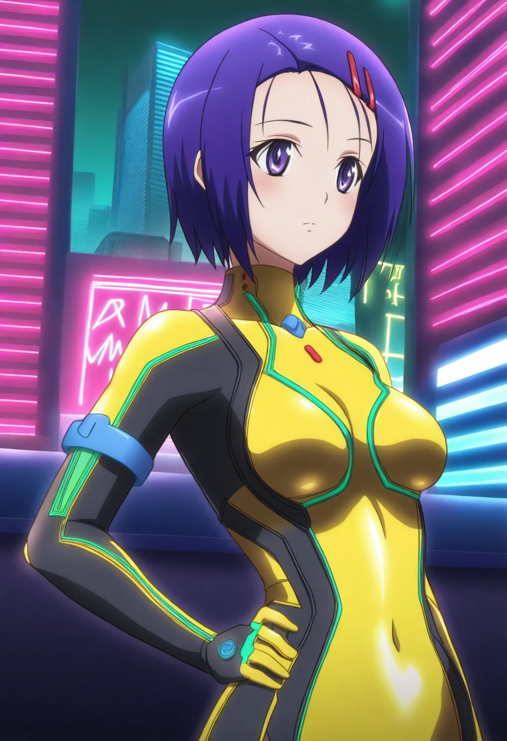 <lora:Haruna Sairenji - [To Love Ru] - illustriousXL v1:1>, sysdeep_haruna, hairpin, short hair, solo, metallic bodysuit, futuristic cityscape, neon lights, confident pose