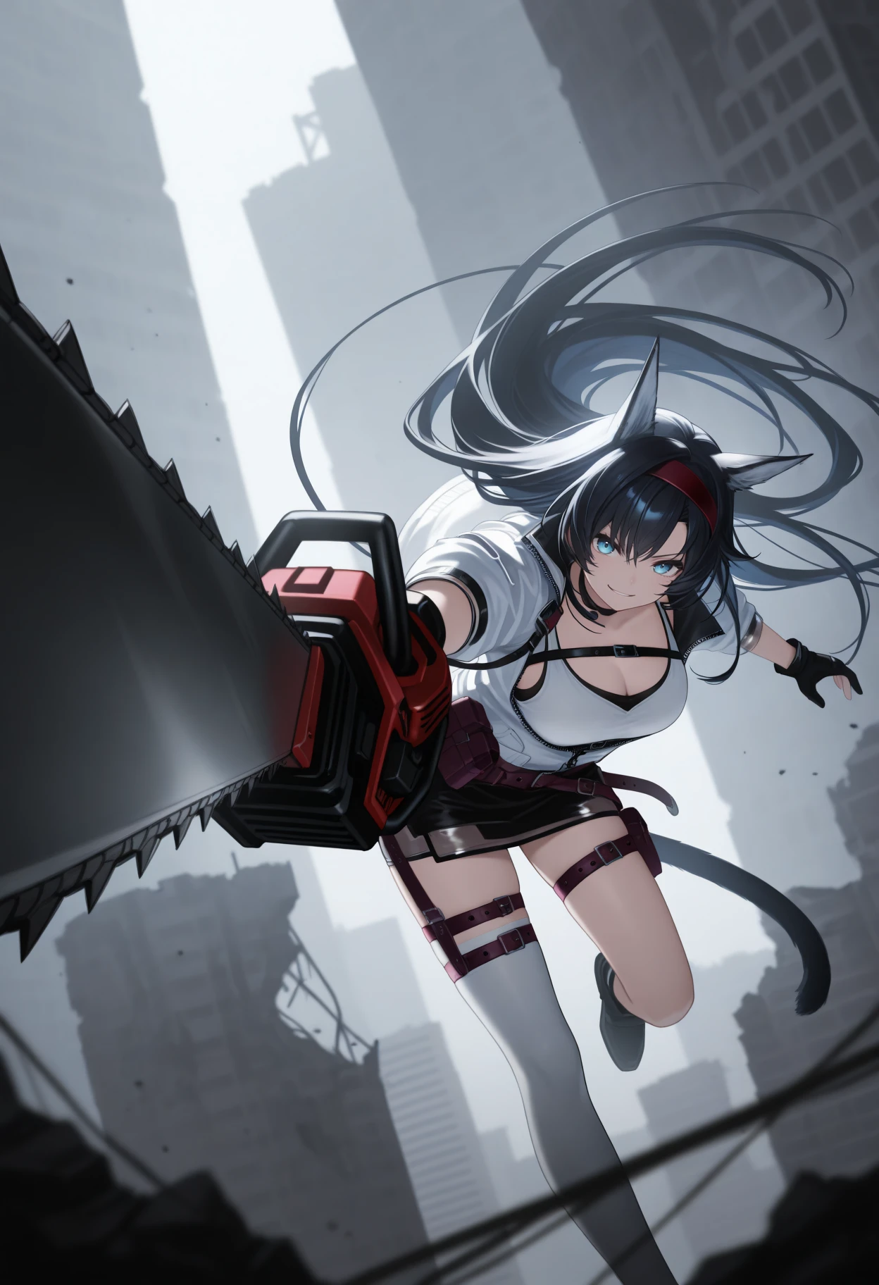 masterpiece, best quality, 1girl, solo, BlazeDefault, blue eyes, black hair, long hair, animal ears, tail, red hairband, white jacket, partially unzipped, white tank top, chest belt, black gloves, partially fingerless gloves, purple belt, belt pouch, black skirt, miniskirt, thigh belt, single thighhigh, white thighhigh, holding chainsaw, smirk, outdoors, city, ruins, action pose, foreshortening, dynamic angle, smile, wide shot, <lora:ChamBlazeIllustriousXL:1>