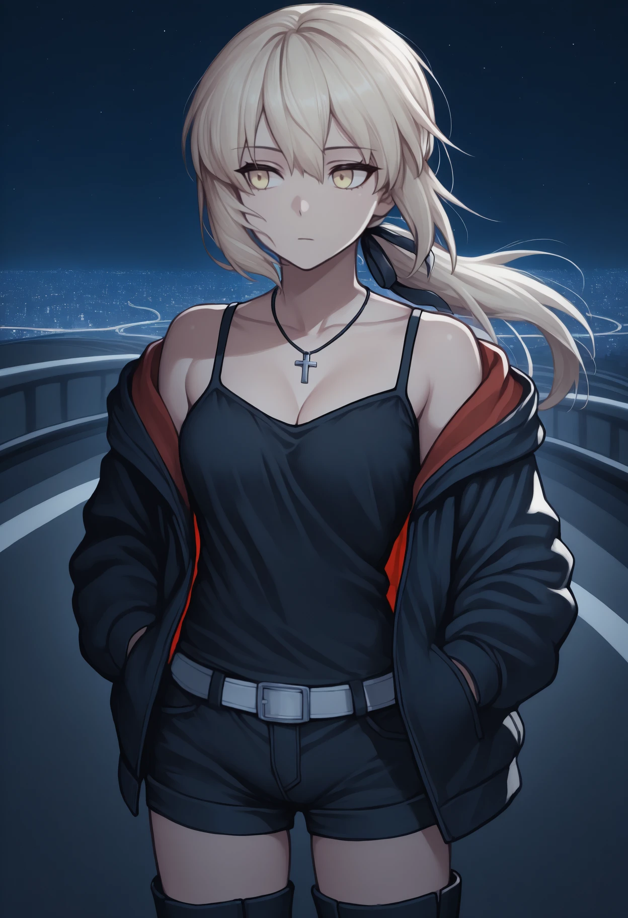 anime, masterpiece, best quality, solo, 1girl, sbraltblk, expressionless, looking away, standing, hands in pockets, long hair, blonde hair, hair between eyes, sidelocks, low ponytail, hair ribbon, black ribbon, yellow eyes, two-sided fabric, two-sided jacket, black jacket, red jacket, hooded jacket, hood down, open jacket, off shoulder, long sleeves, black camisole, black shorts, short shorts, white belt, black footwear, thigh boots, cross necklace, collarbone, cleavage, outdoors, night, star \(sky\), cityscape, city lights, highway, wind lift
<segment:yolo-Anzhc Face seg 640 v2 y8n.pt,0.4,0.5//cid=1>