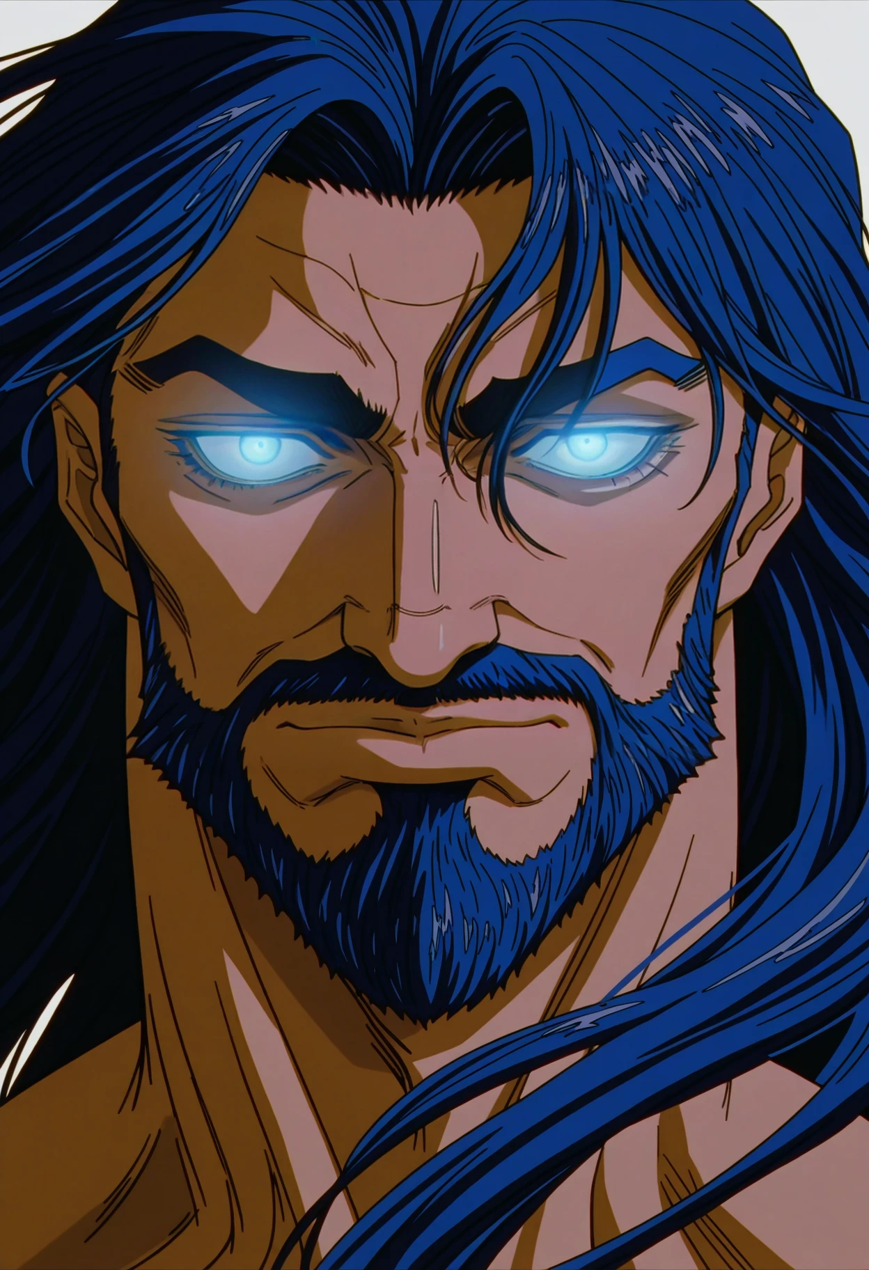 <lora:BerserkILLUSTRIOUS:1> berserk,
1boy, solo, male focus, facial hair, beard, blue hair, white background, blue eyes, long hair, simple background, glowing eyes, glowing, portrait, looking at viewer, floating hair