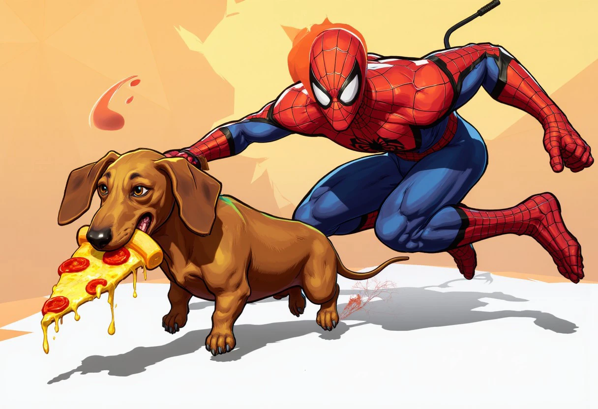 Illustration in style of MarvelRivalsStyle-Flux.V1 of Spiderman chasing a dachshund running away with a big slice of pizza in his mouth