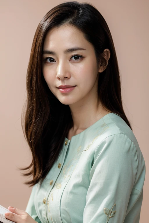 masterpiece, best quality, ultra-detailed, ultra high res, (photorealistic:1.4), raw photo, (realistic:0.2), 8k HDR, realistic cool temperature lighting, 1girl, (asian:0.2), solo, asymmetrical hair, indoor, (simple pastel background:1.2), bokeh, (detailed lips), (detailed pores), (detailed skin textures), (detailed face:1.2), (upper body:1.2), a woman in a standing pose, (hanbook:1.4), promotional image, a character portrait, traditional clothes