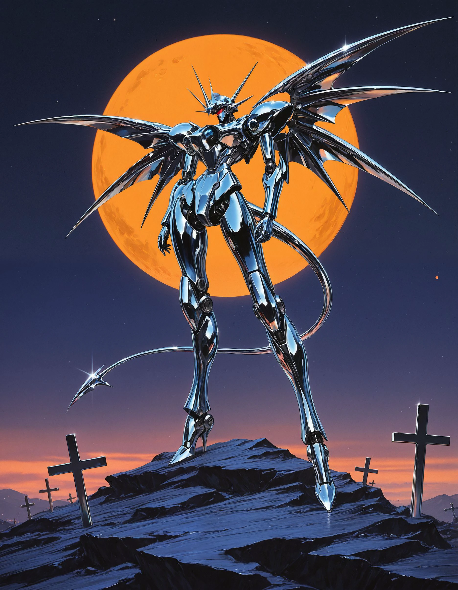 masterpiece, best quality, amazing quality,  <lora:Chromecore_illu:1>,Chrome_core_illu,wings, solo, cross, moon, tail, retro artstyle, no humans, robot, mecha,orange sun